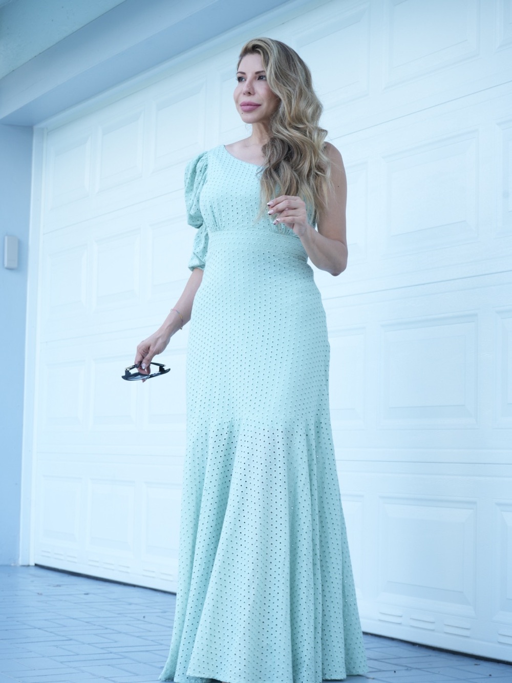 Mint Green Eyelet Maxi Dress | Puff Sleeves | Mermaid Hem | Size M